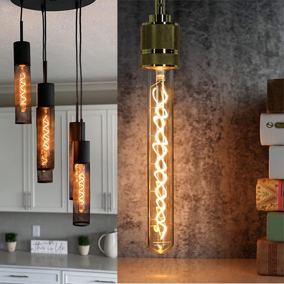 Vintage LED Spiral Filament Bulb T10, 8.9inch Long Tubular Dimmable Edison Light Bulbs,E26 Base,Amber Glass,Warm