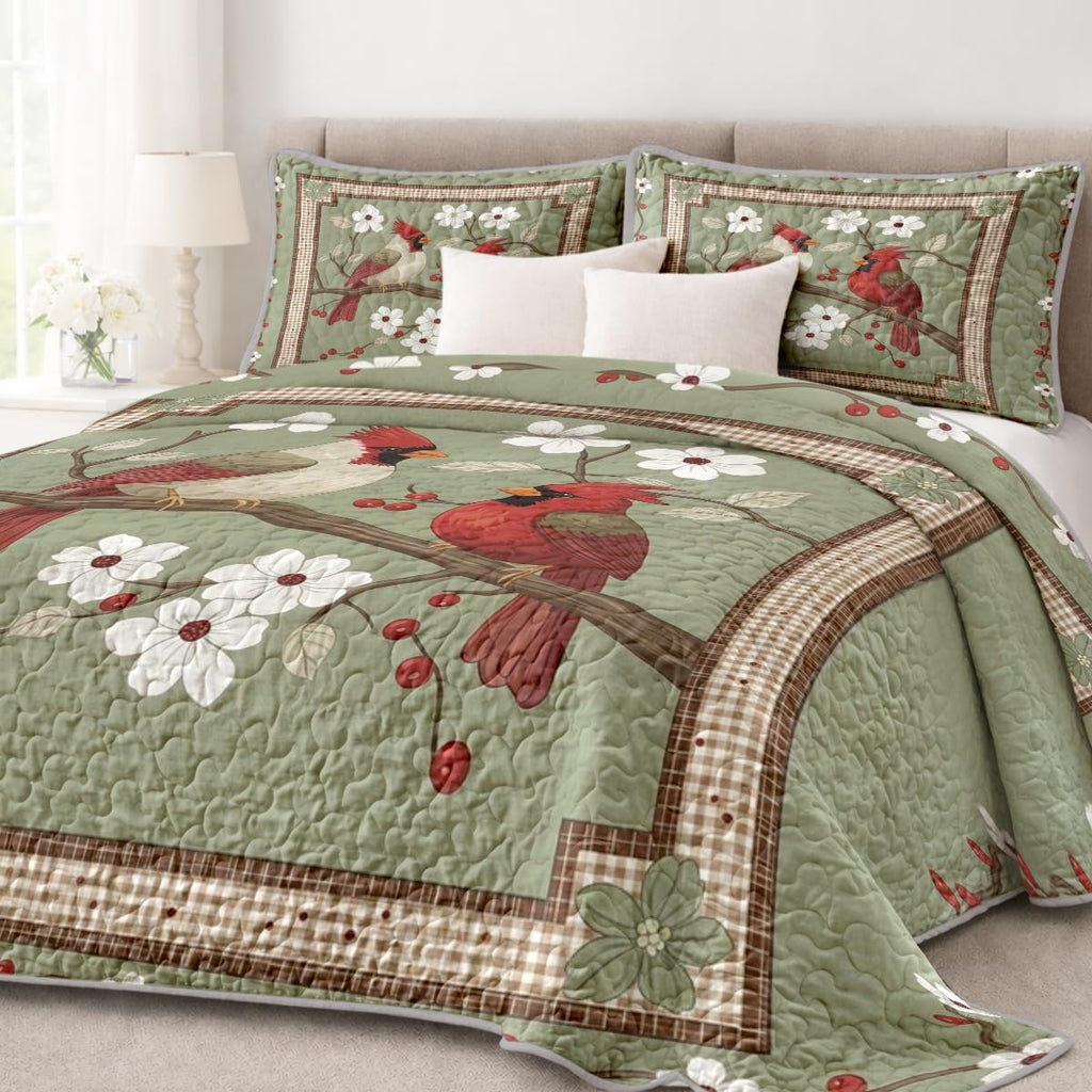 Cardinal Bird Quilt Set Size Farmhouse Floral Country Bedding with Sage Green Background Gingham Border