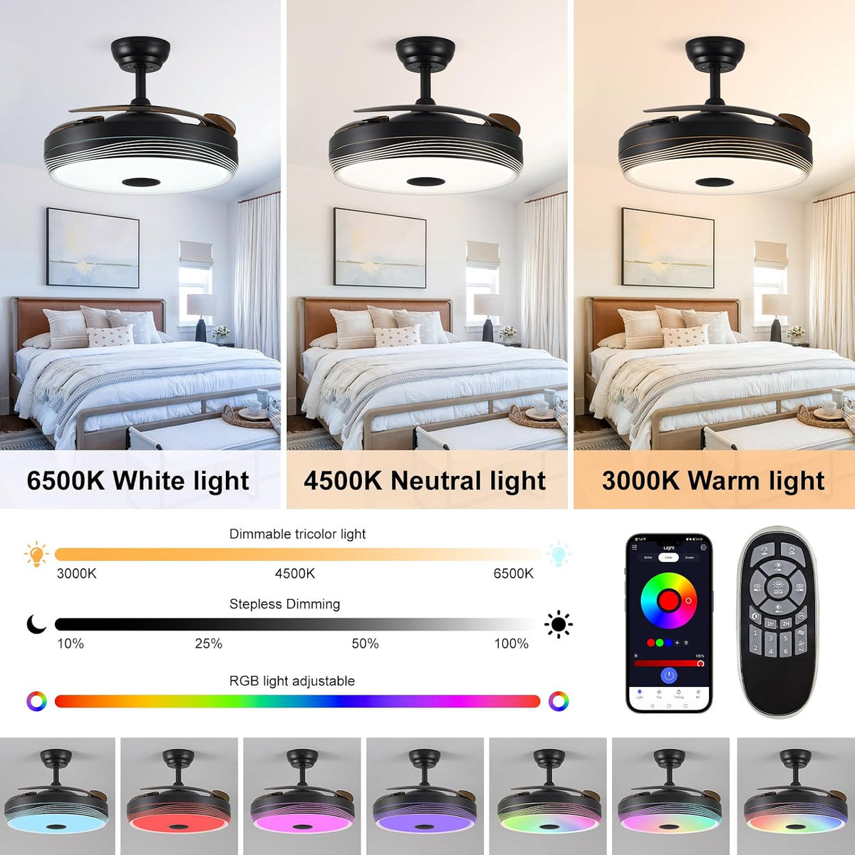 48" Smart Chandelier Retractable Ceiling Fan with Light & Remote