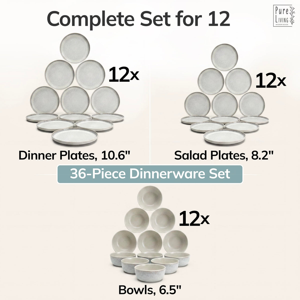 36 Piece Stoneware Dinnerware Set for 12, Handcrafted Plates and Bowls Set