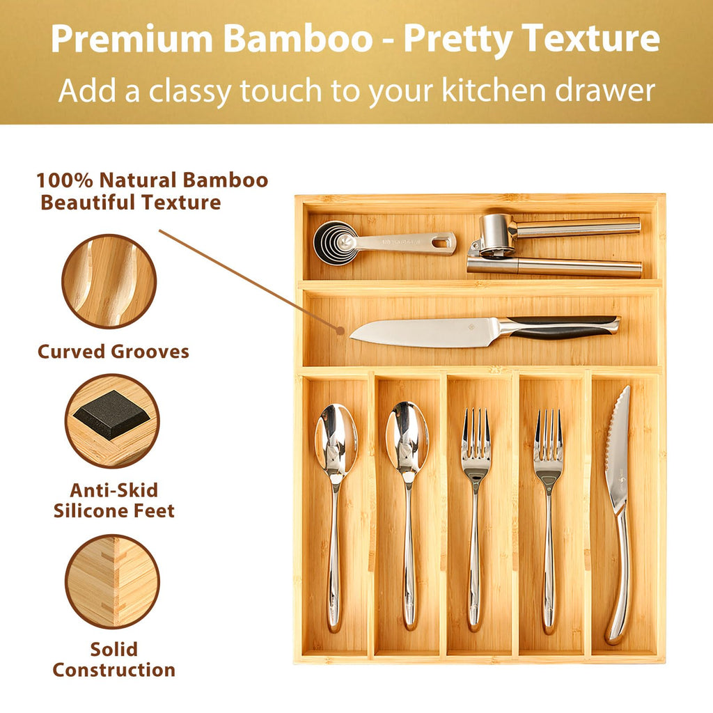 Bamboo Kitchen Drawer Organizer, 13 Inch Silverware Utensil Tray Holder, Extra Deep Grooved Drawer Divider, 7 Slots