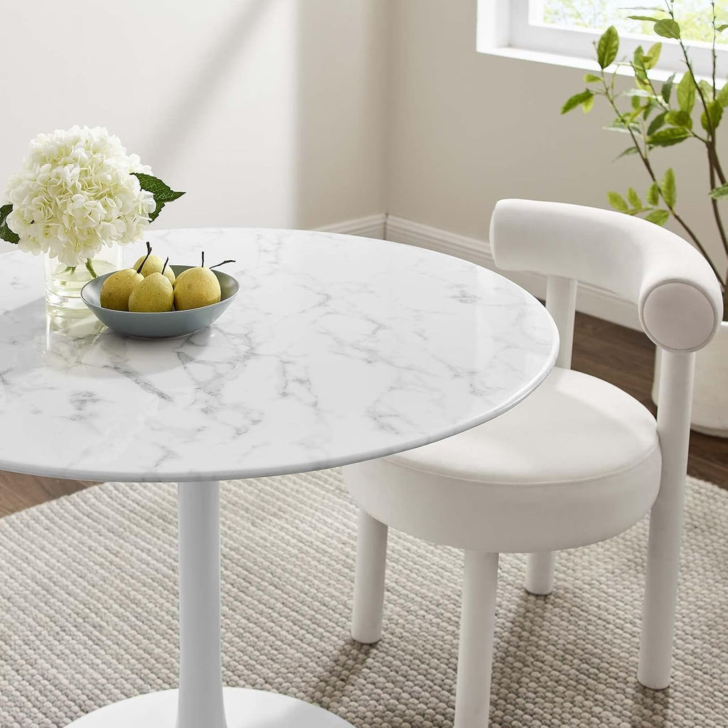 Inspired Saarinen Style Tulip Round Pedestal Dining Table — White Base / Artificial Marble Top, 40″ Round
