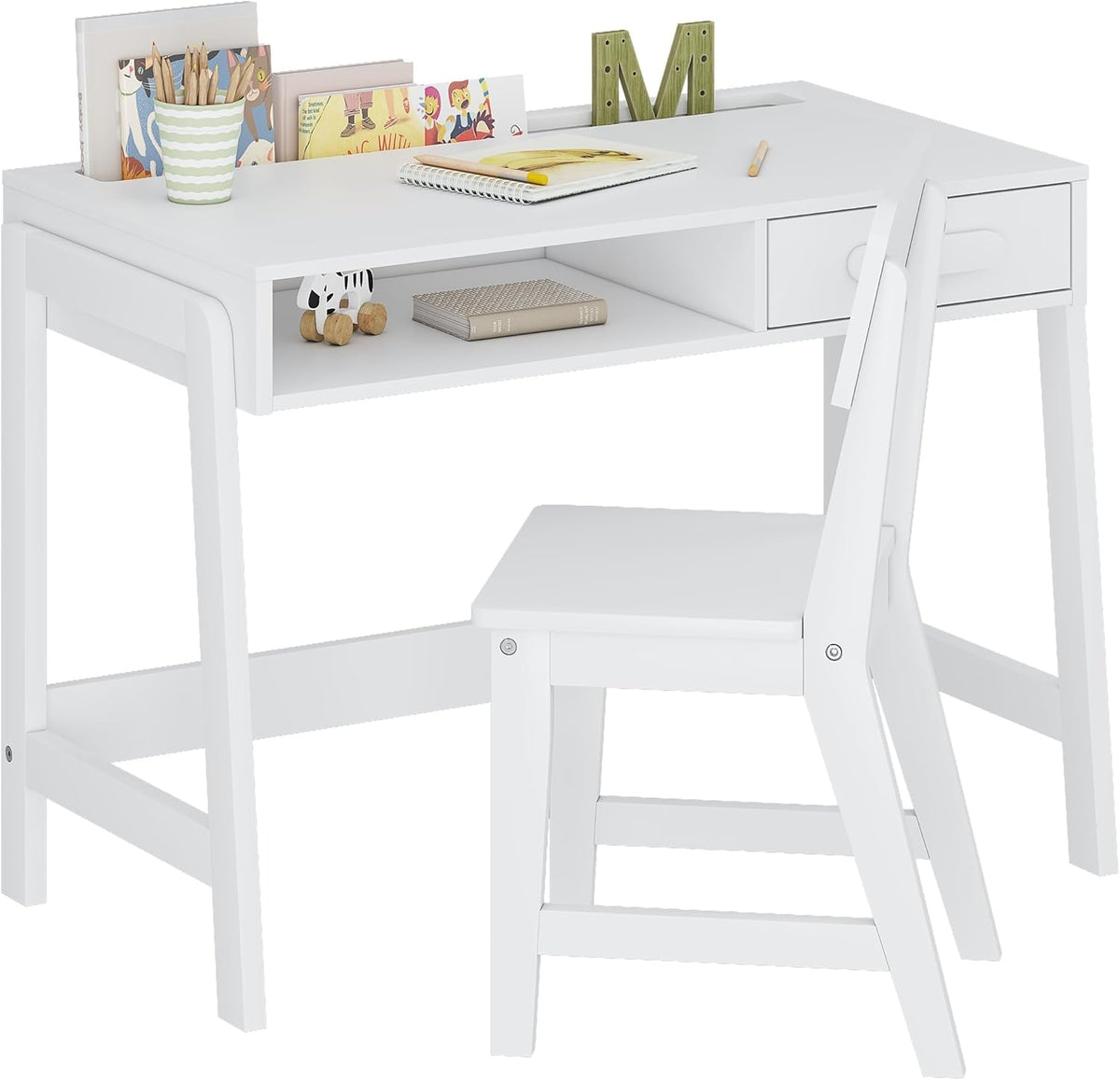 Wooden Kids Desk and Chair Set with Open Storage & 1 Drawer