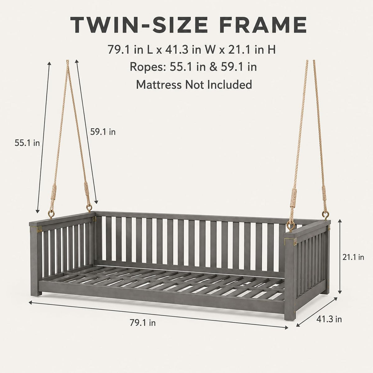 Outdoor Porch Swing Bed, Twin Size Acacia Wood Daybed (Gray) | Acacia Wood Frame, Hemp Ropes, Fits Twin Mattress