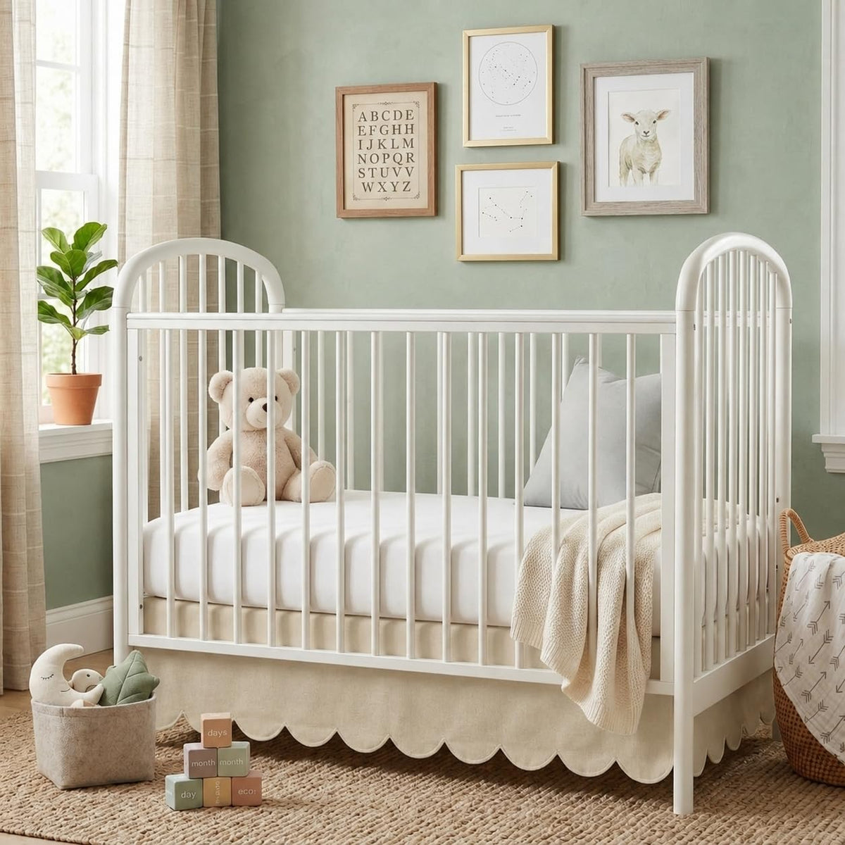 28 x 52 Oatmeal Beige Crib Skirt 14 Inch Drop, Scalloped Crib Bed Skirt