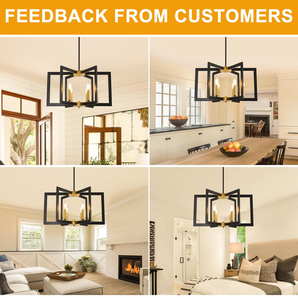 22" Black and Gold Chandelier, 6-Light Geometric Dining Room Fixture, Modern Industrial Foyer Lighting Fixtures, Rustic