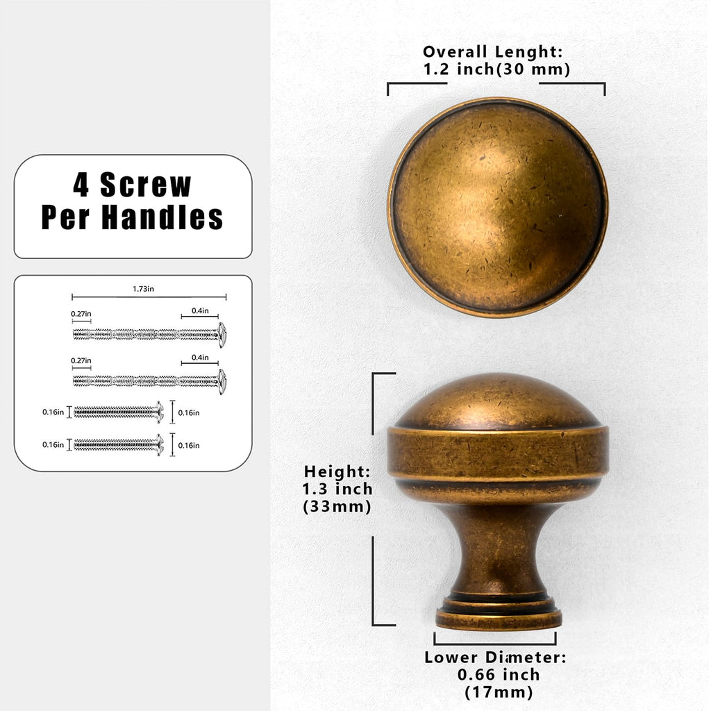 10 Pack Antique Brass Cabinet Knobs 1-1/5 Inch(30mm) Single Hole Cabinet Pulls Round Kitchen Cabinet Knobs