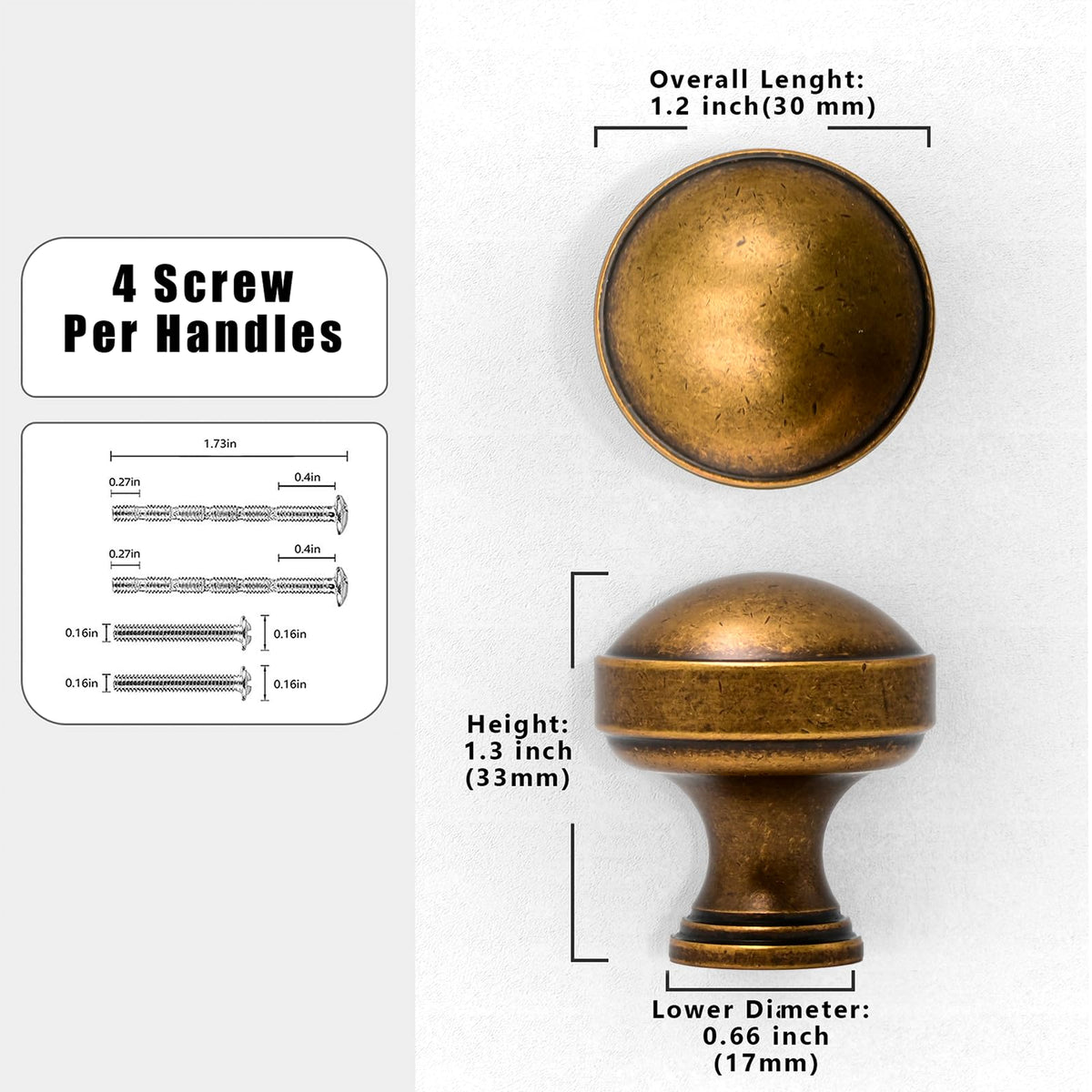 10 Pack Antique Brass Cabinet Knobs 1-1/5 Inch(30mm) Single Hole Cabinet Pulls Round Kitchen Cabinet Knobs