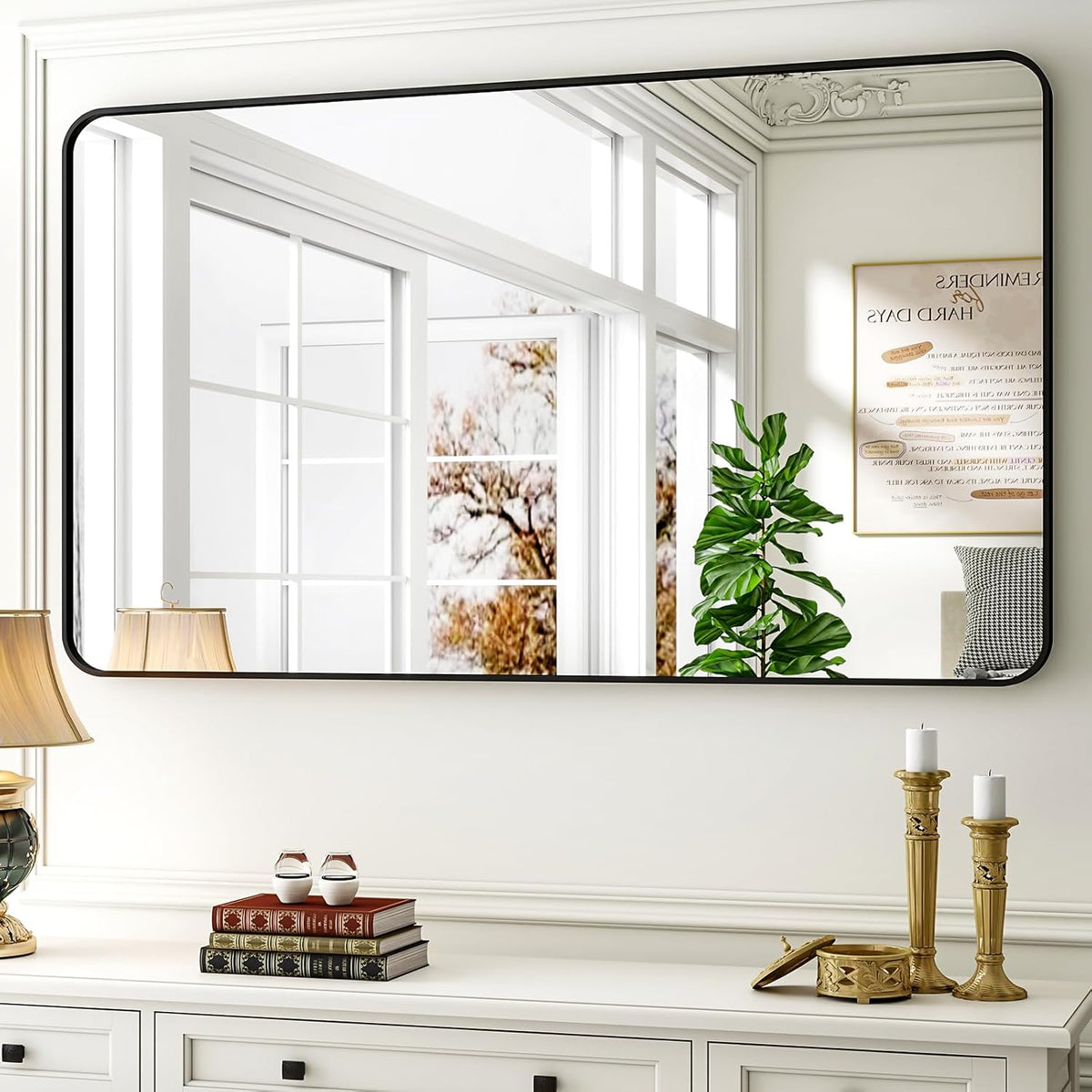 30 x 48 Inch Bathroom Mirror, Rounded Rectangular Vanity Mirror for Wall, Modern Mirror for Room Decor, Black Framed