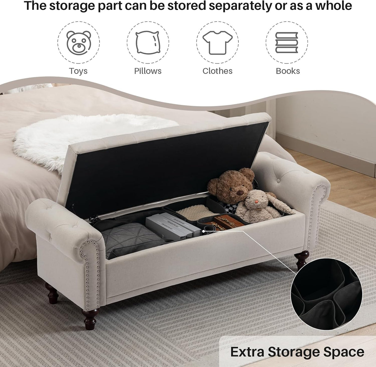58.1" Storage Bench , Linen Upholstered, Beige | End of Bedroom Bed Bench Ottoman with Tufted Cushioned Rolled Arm
