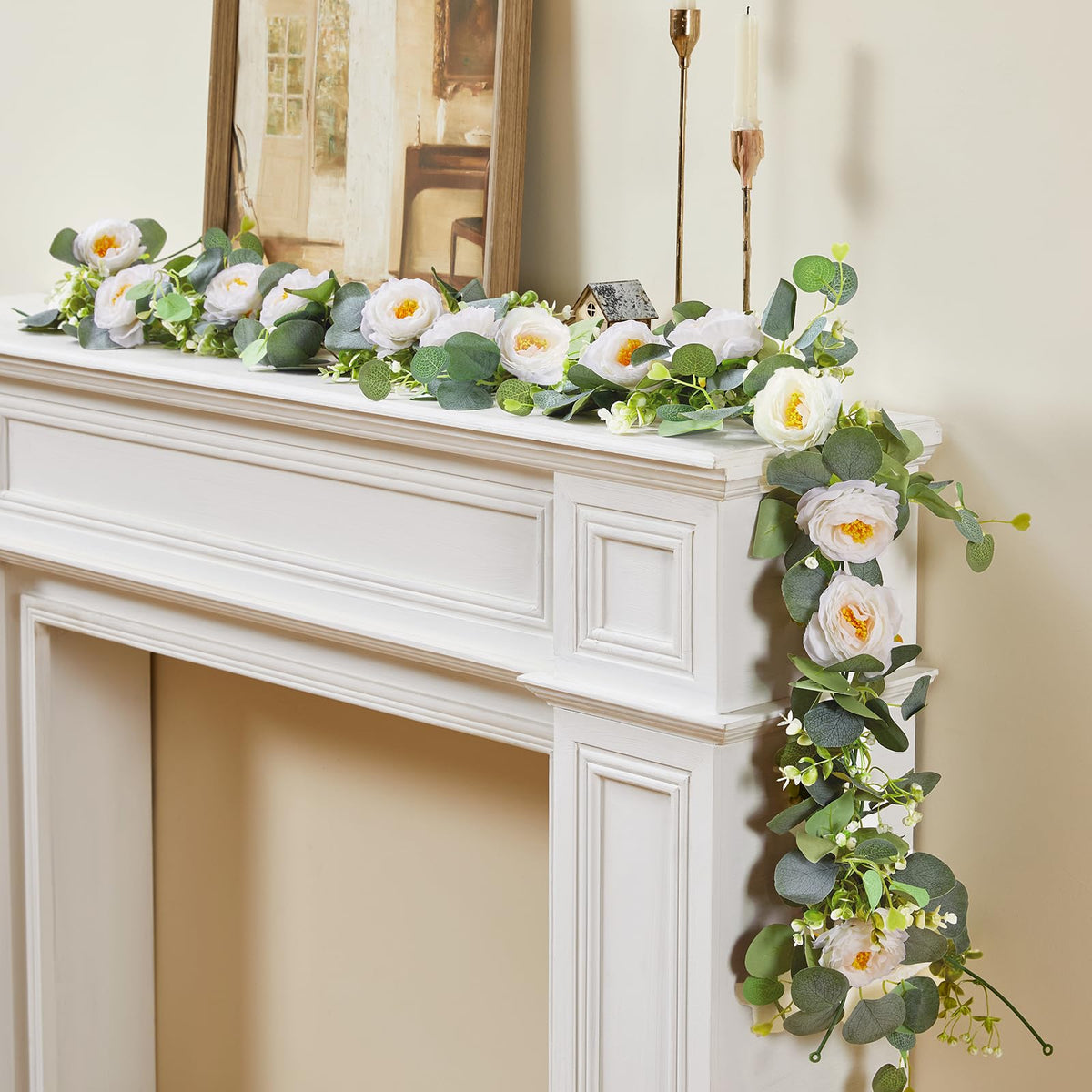 6Ft Artificial Eucalyptus White Flower Garland with Roses, 2 Pack