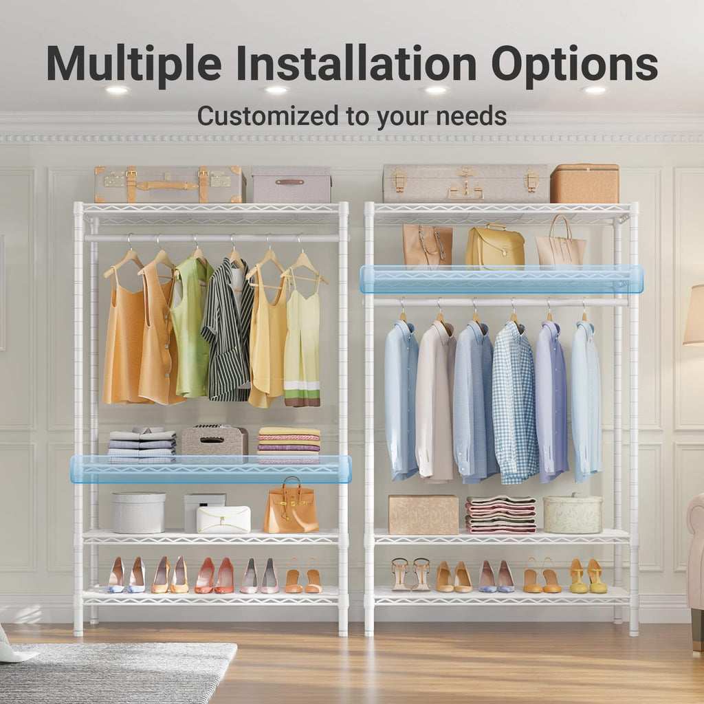 V1 4-Tier Clothes Rack with Hanging Rod, Freestanding Closet, White