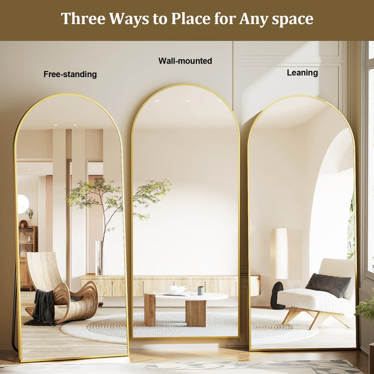 Arched Full Length Mirror - 65" x 24" Floor Mirrors,Gold