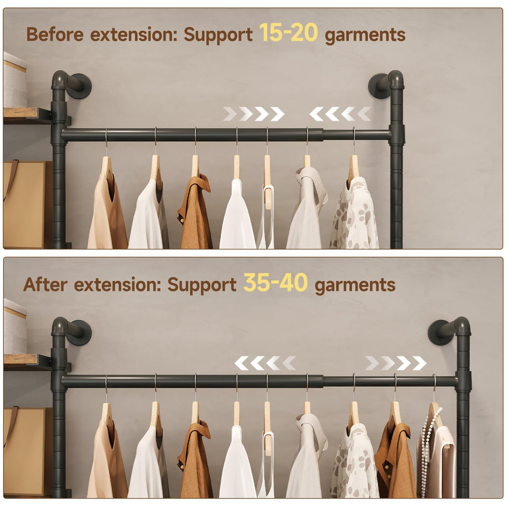T1 Wall Mounted Closet System with 6 Wood Shelves & 4 Hanging Rods