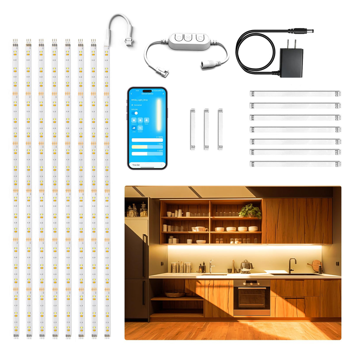 Under Cabinet Lighting Kit,8 PCS White LED Strip Lights with APP