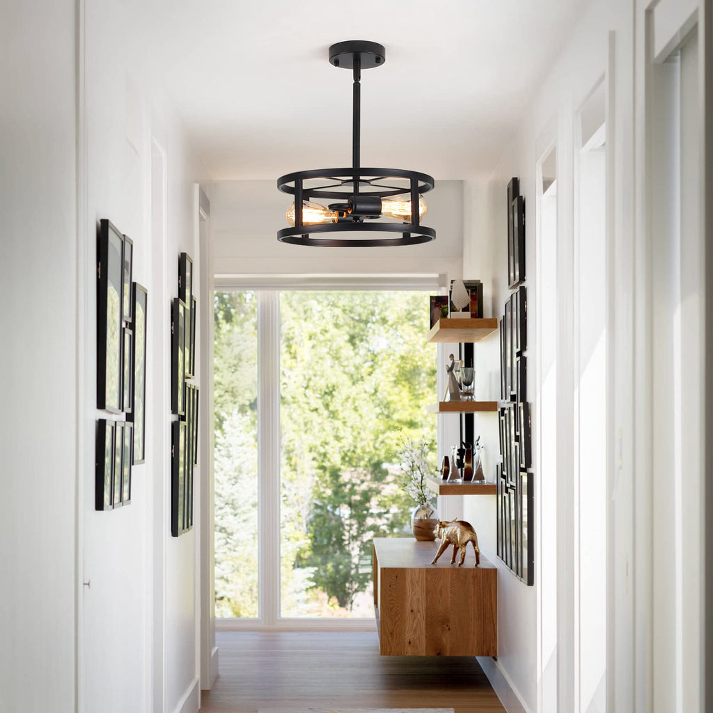 Industrial Black Semi Flush Mount Ceiling Light, Farmhouse Kitchen Lighting, Sloped Ceilings Lights Fixtures Hallway