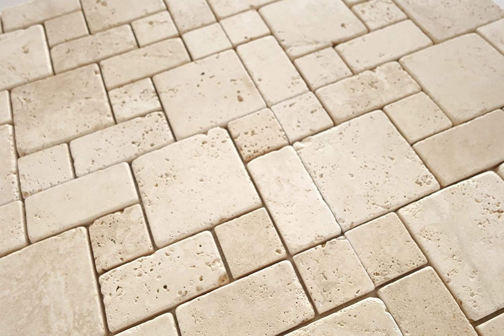 Ivory/Beige Travertine Tumbled 3-Pieced Mini-Pattern Mosaic Tile -1 Sheet