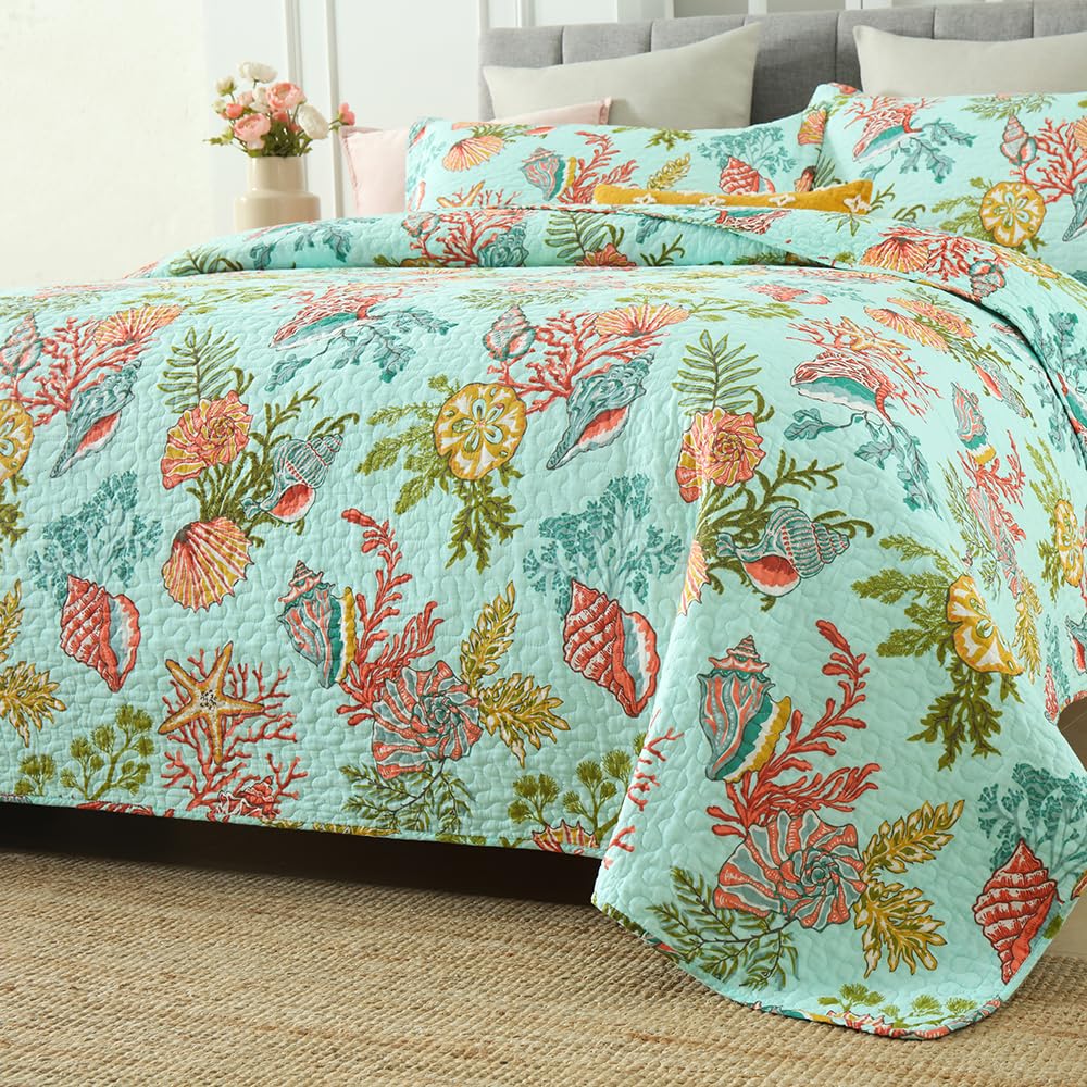 Cotton Coastal Bedspread Quilt Sets Reversible Bedding Coverlet Sets Comforters, Fairytale Starfish Seashell