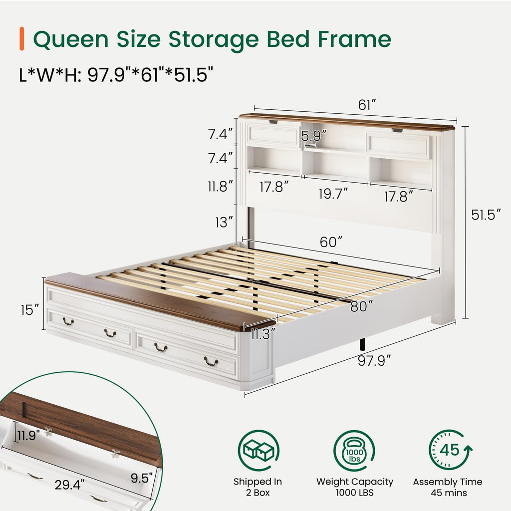 Farmhouse Bed with Headboard & Footboard Storage, White/Walnut
