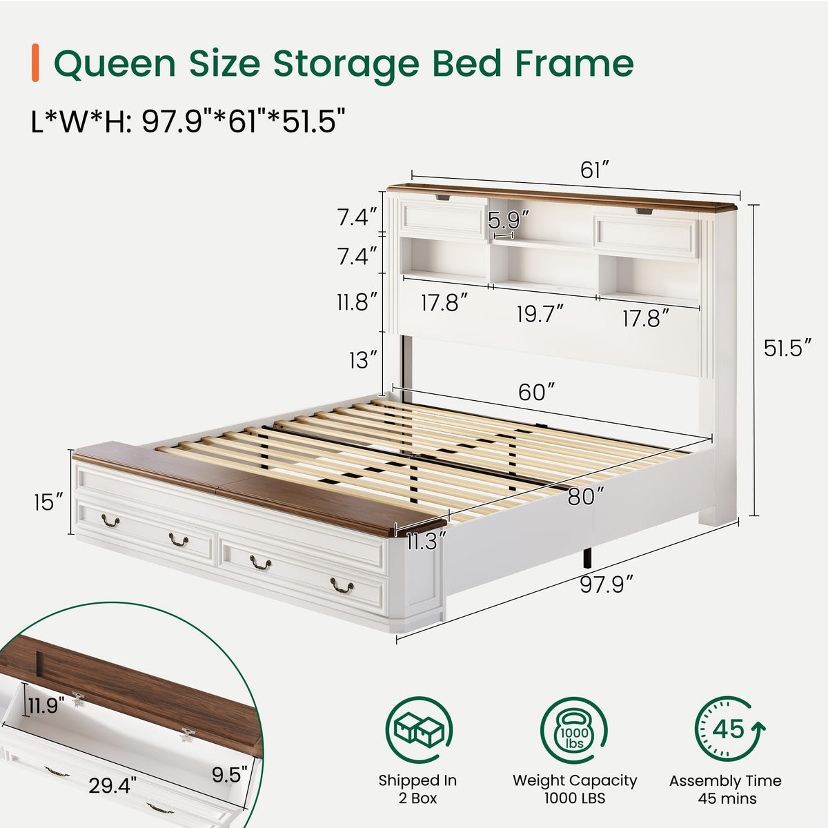 Farmhouse Bed with Headboard & Footboard Storage, White/Walnut