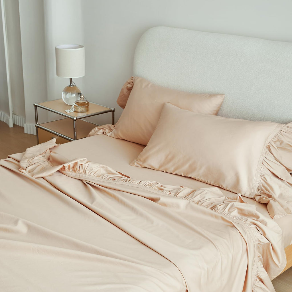 100% Organic Cotton Sheet Set, Long Ruffle Bed Sheets (1 Flat Sheet, 1 Fitted Sheet and 2 Pillowcases) Elegant Shabby