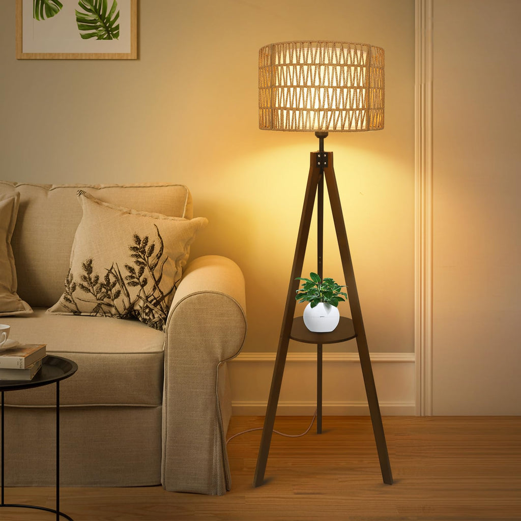 Boho Tripod Floor Lamp with Shelves, Mid Century Wood Standing Lamp with Rattan & Fabric Shades, ON/Off Foot Switch
