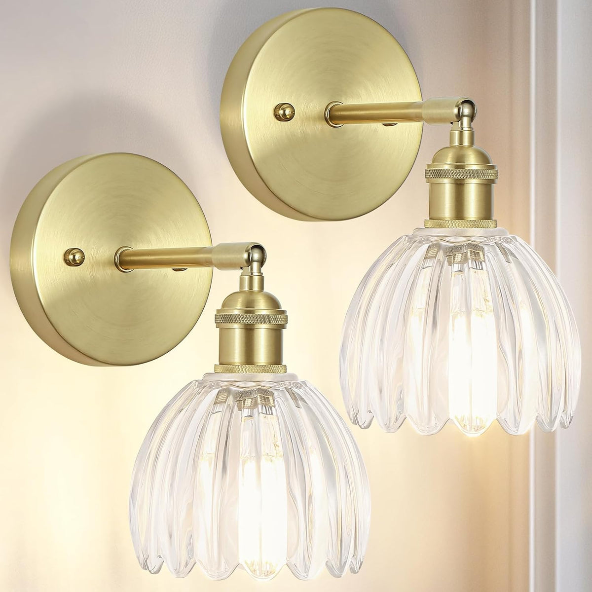 Gold Hardwired Wall Sconce Set of Two with Clear Tulip Glass Shades