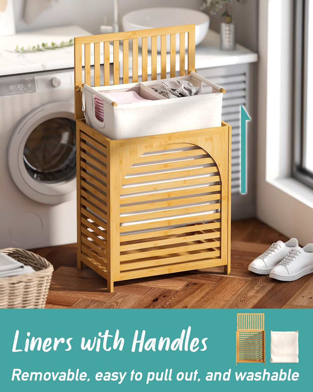 Hamper with Lid, 27.3 Gallon (103L) Bamboo Wood Clothes Laundry Basket with Lid and Handles, Removable Liner