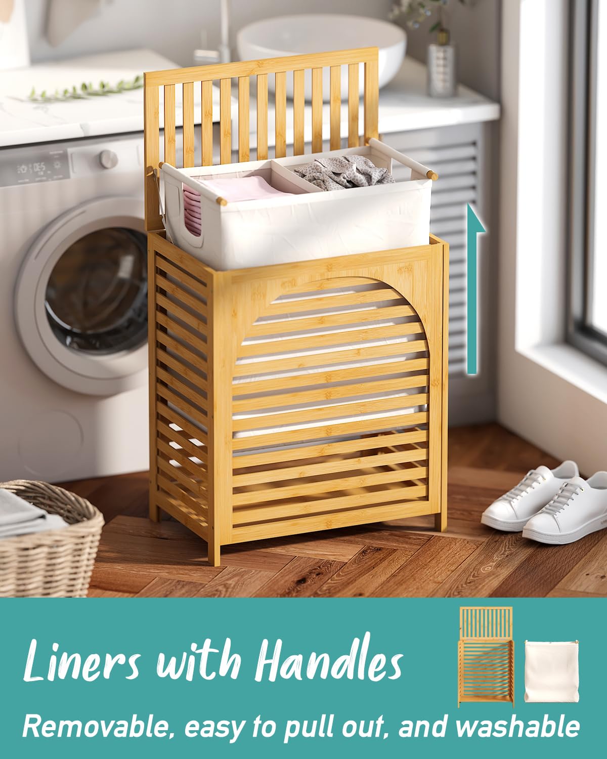 Hamper with Lid, 27.3 Gallon (103L) Bamboo Wood Clothes Laundry Basket with Lid and Handles, Removable Liner
