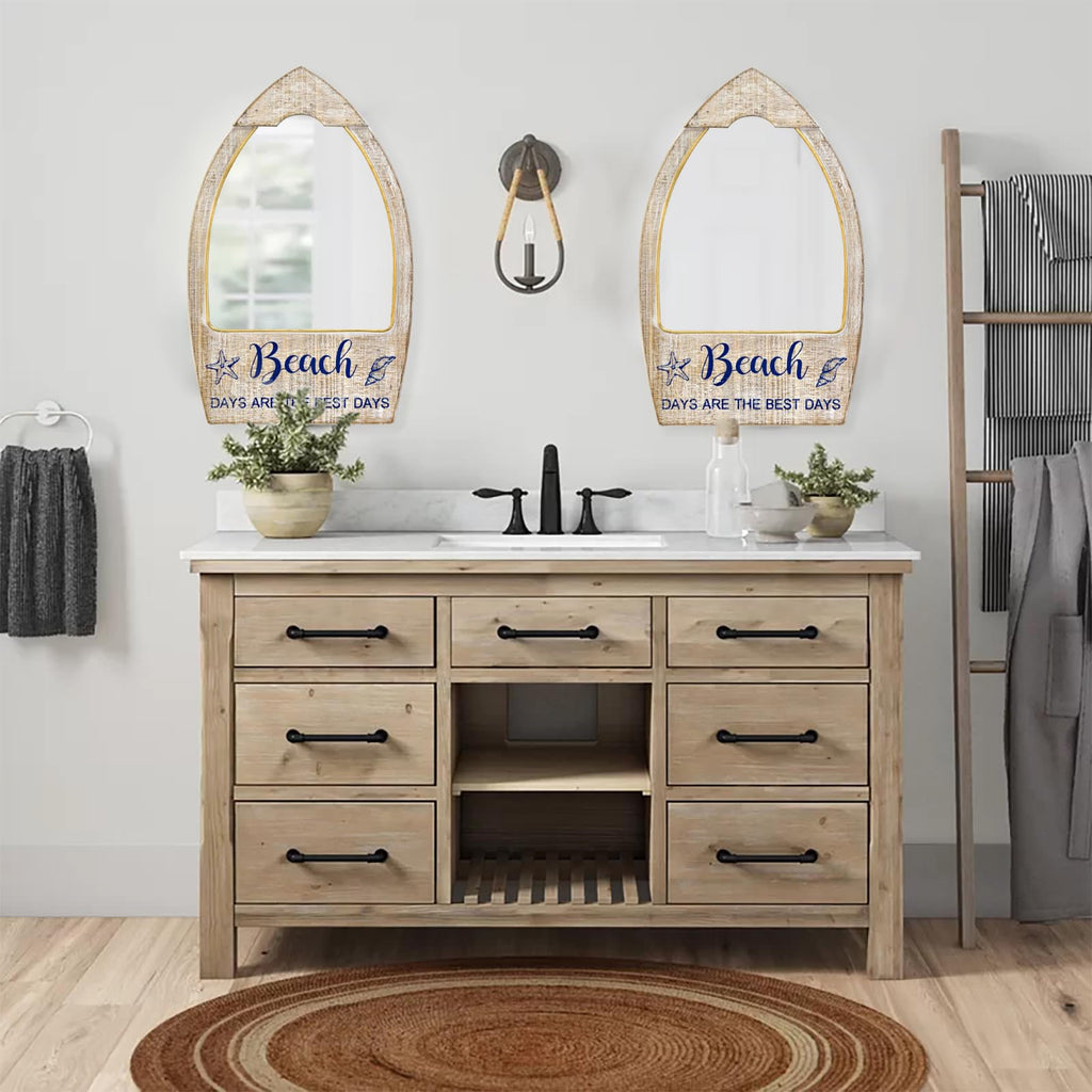 Rustic Wood Framed Wall Mirror for Beach House, Decorative Wood Wall Mirror, Beach Theme Bathroom Decor, Whitewashed