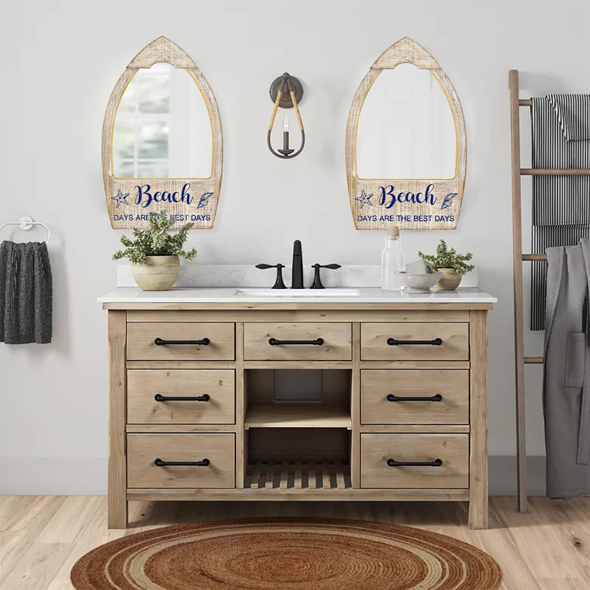Rustic Wood Framed Wall Mirror for Beach House, Decorative Wood Wall Mirror, Beach Theme Bathroom Decor, Whitewashed