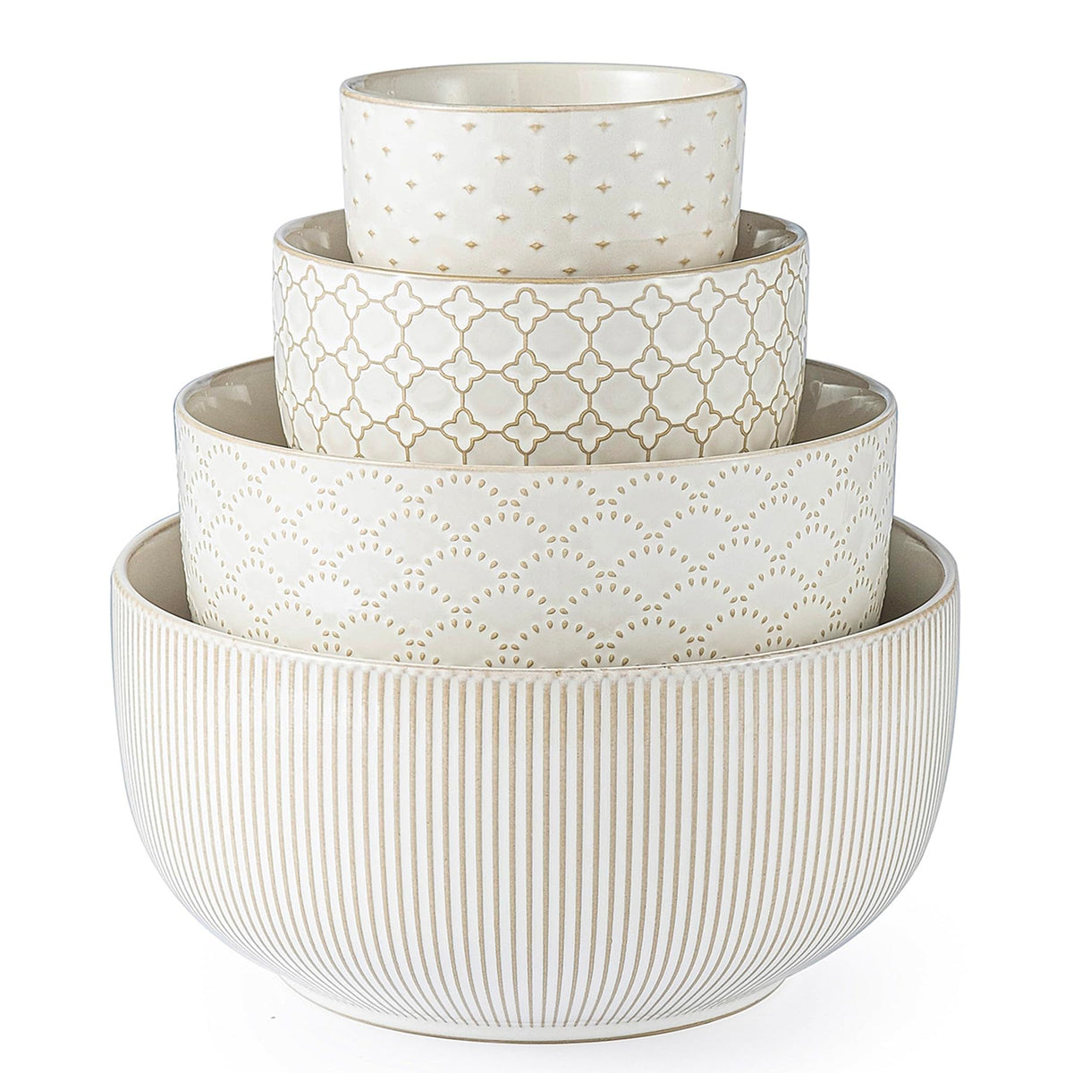 Mikiegy Ceramic Mixing Bowls Set of 4, Nesting Ceramic Embossment Stoneware Mixing Bowls for Cooking, Serving