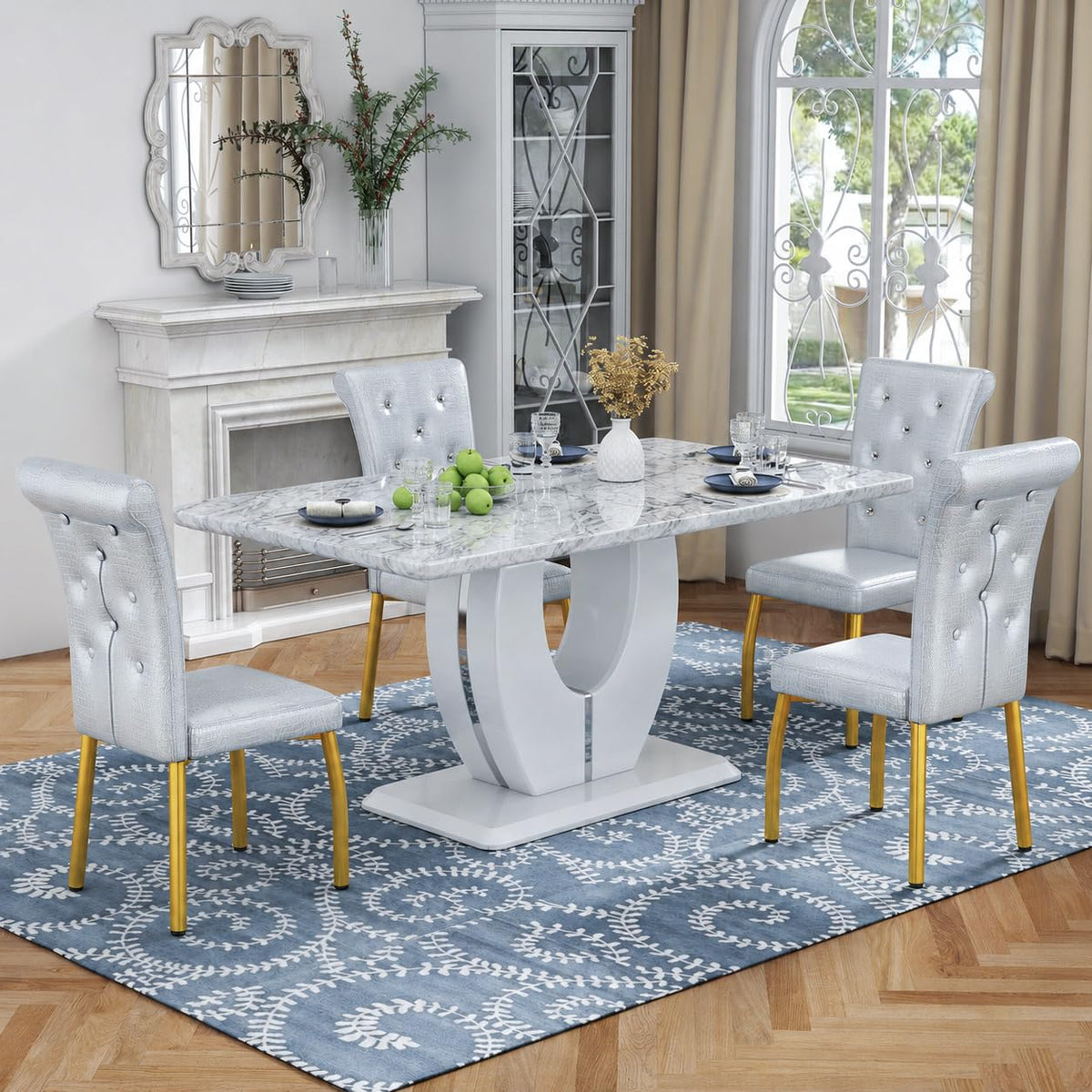 5 Piece Faux Marble Dining Table Set for 4, 63" Rectangular Kitchen Table and Chairs Set with 4 Tufted PU Leather