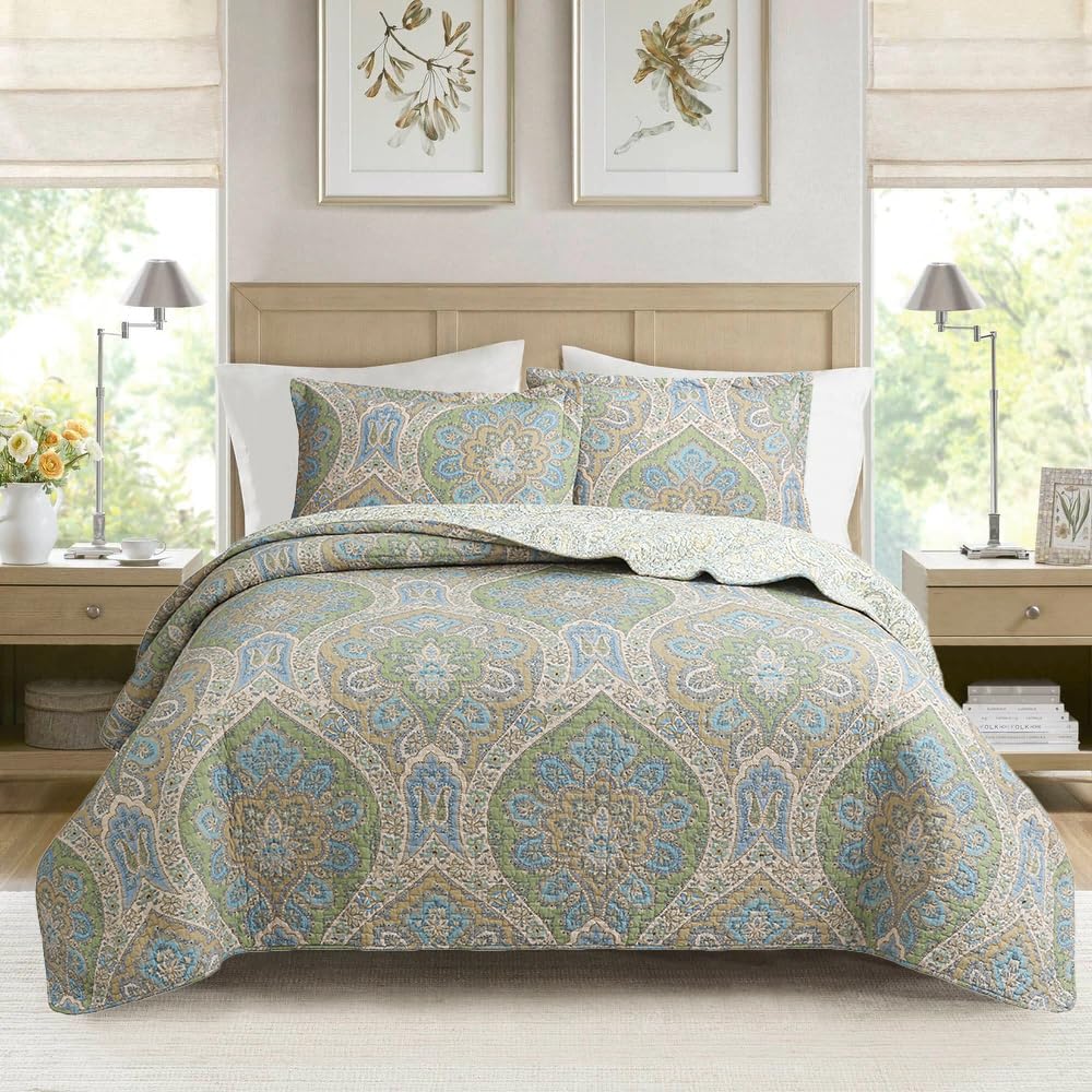 Blue Green Paisley Quilt Set - 3-Piece 100% Cotton Reversible Bedspread with Shams, Lightweight All Season Medallion