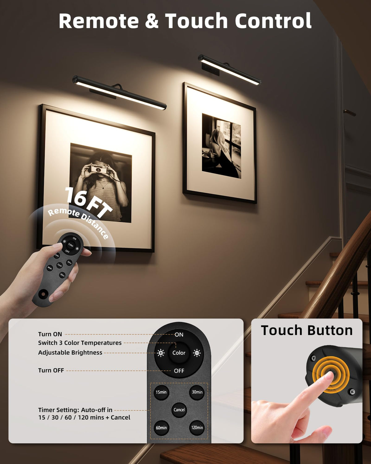 16in Picture Lights for Wall, 6000mAh Rechargeable Art Lights