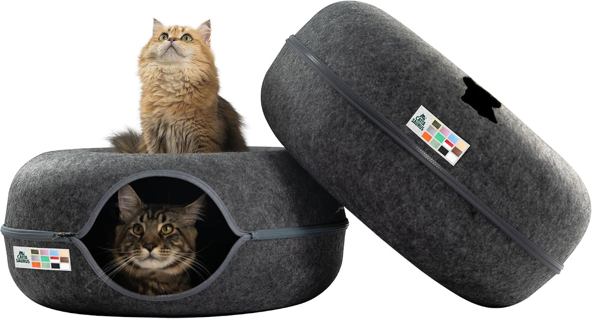 Peekaboo Cat Cave Donut for Multiple & Large Cats up to 30-45 lbs, 3-in-1 Self Warming Cat Bed, Tunnel & Scratcher