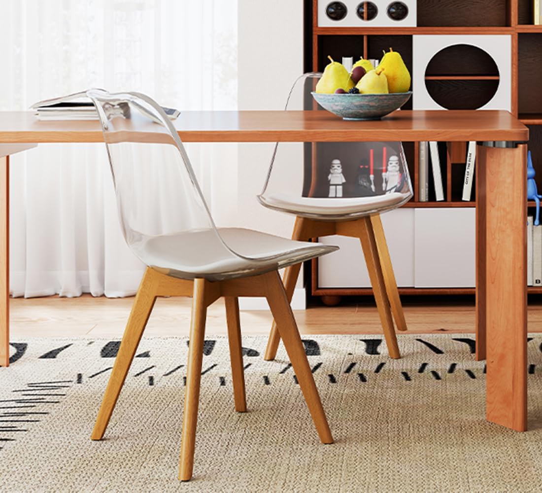 Clear Dining Chairs Set of 2, Modern Acrylic Dining Chair Transparent Chairs with PU Leather Cushions Seat & Wood Legs