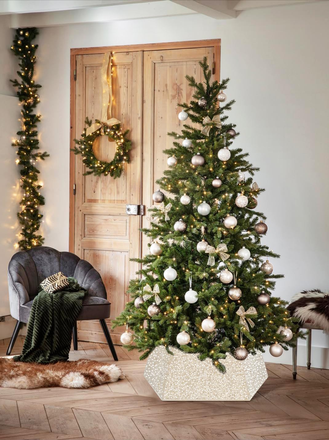 Sequin Christmas Tree Ring Collar Collapsible 25.59 Inch Champagne Gold Tree Skirt Velvet Tree Stand Cover for Xmas