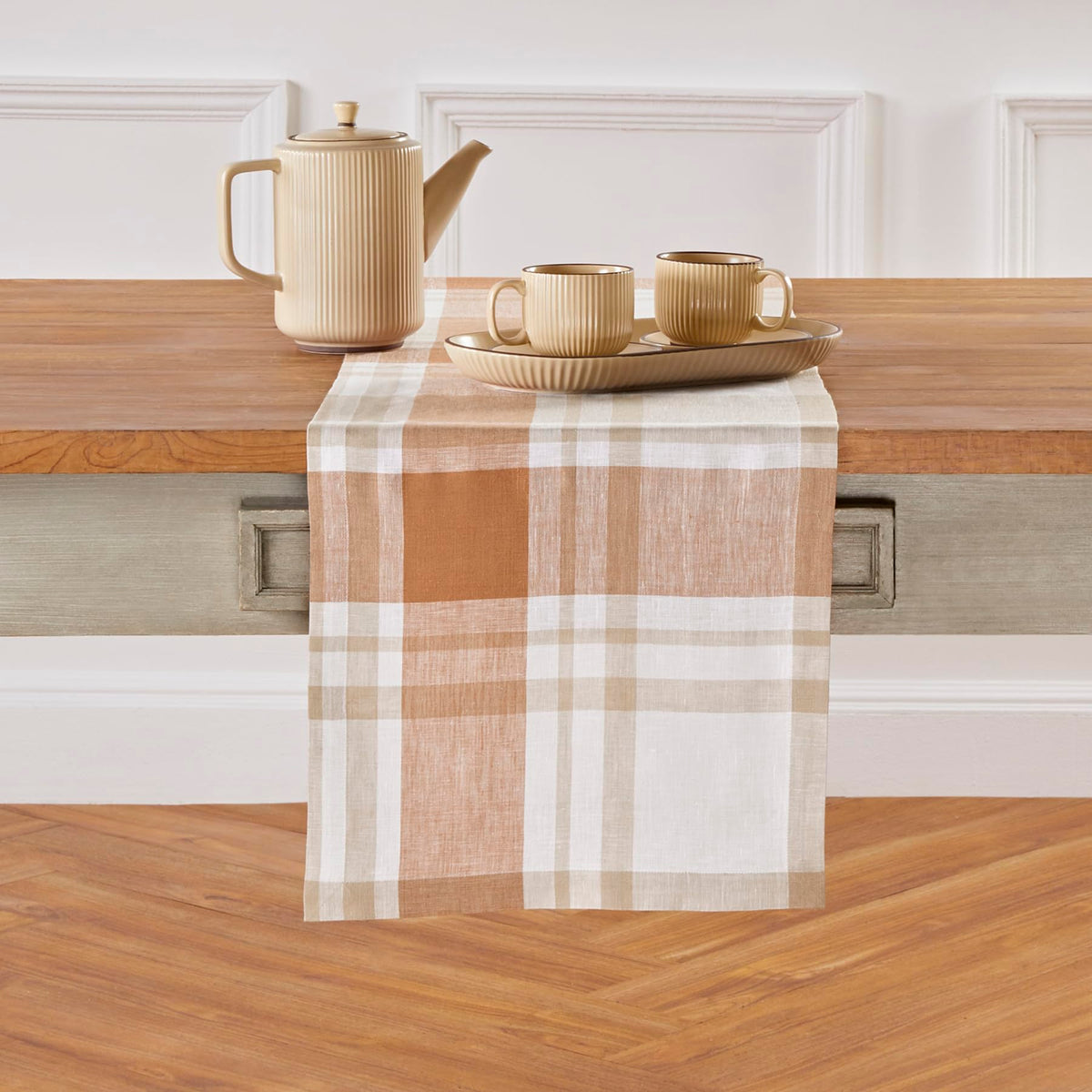 100% Pure Linen Table Runner Fall Harvest Plaid, 14 x 132 in