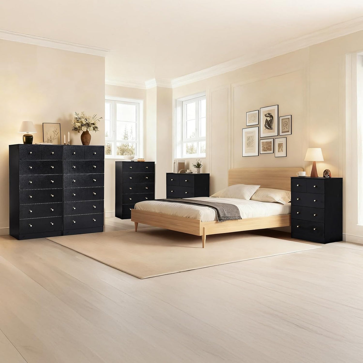 Black 6 Drawer Dresser, Rose Gold Handle Modern Bedroom Chest | Modern Wood Storage Dresser with Anti-Tipping Device