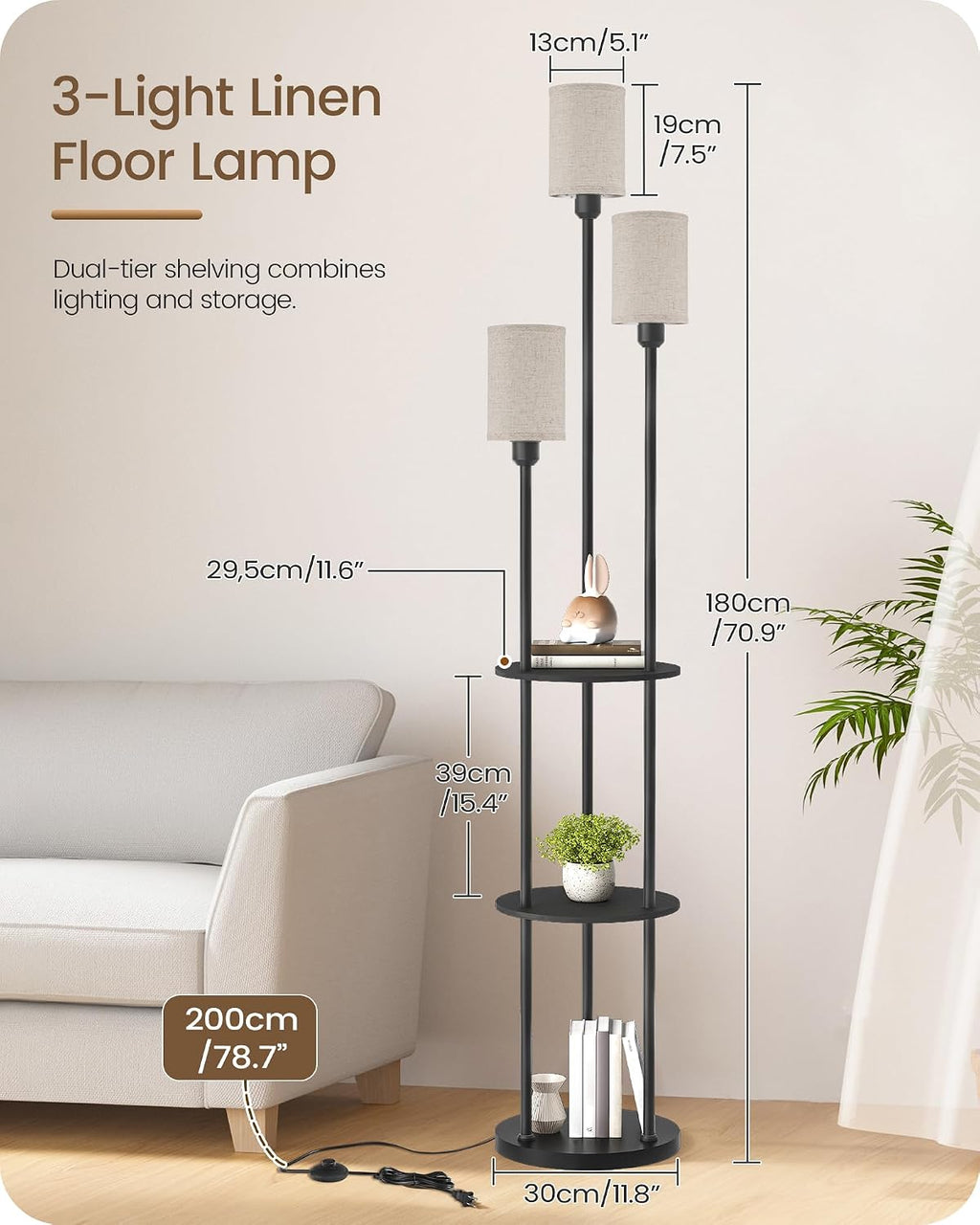 Floor Lamp with Shelves, Modern Floor Lamp with 3 Linen Shades and Foot Switch, 3-Light Standing Lamp
