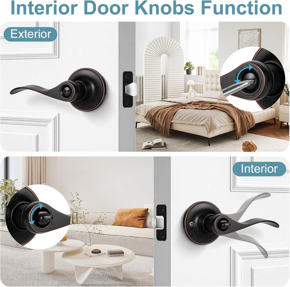 Oil Rubbed Bronze Privacy Door Knobs, Wave Style Keyless Interior Door Handle Bedroom, Heavy Duty Reversible Door