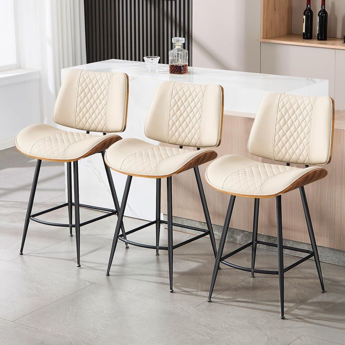 Counter Height Barstools Set of 3, 26.9" Armless Stools with Metal Legs, Walnut Pub Chair in Modern Style, PU Leather