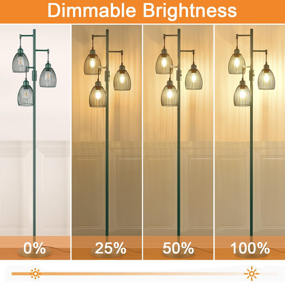 Dimmable Floor Lamp, Industrial Floor Lamps, Green Tree Lamp Standing Lamp Tall Lamps with 3 Elegant Teardrop Cage