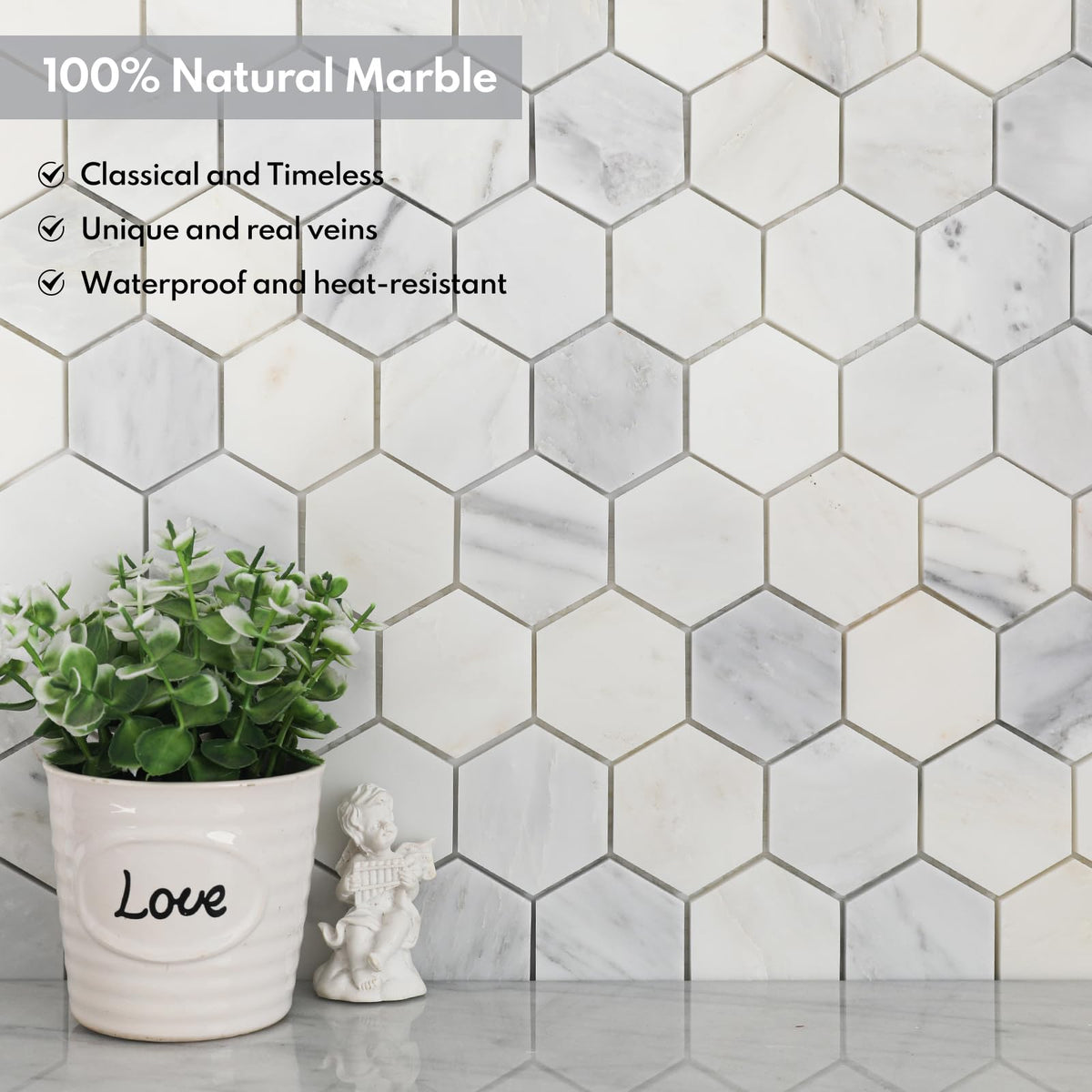 Bianco Alba Marble Stone 2 Inch Hexagon White Marble Mosaic Tile Wall Bathroom Shower Floor (5 Sheet, Honed)
