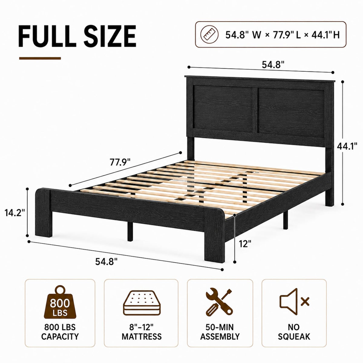 Black Farmhouse Wooden Bed Frame with 44.1" Headboard