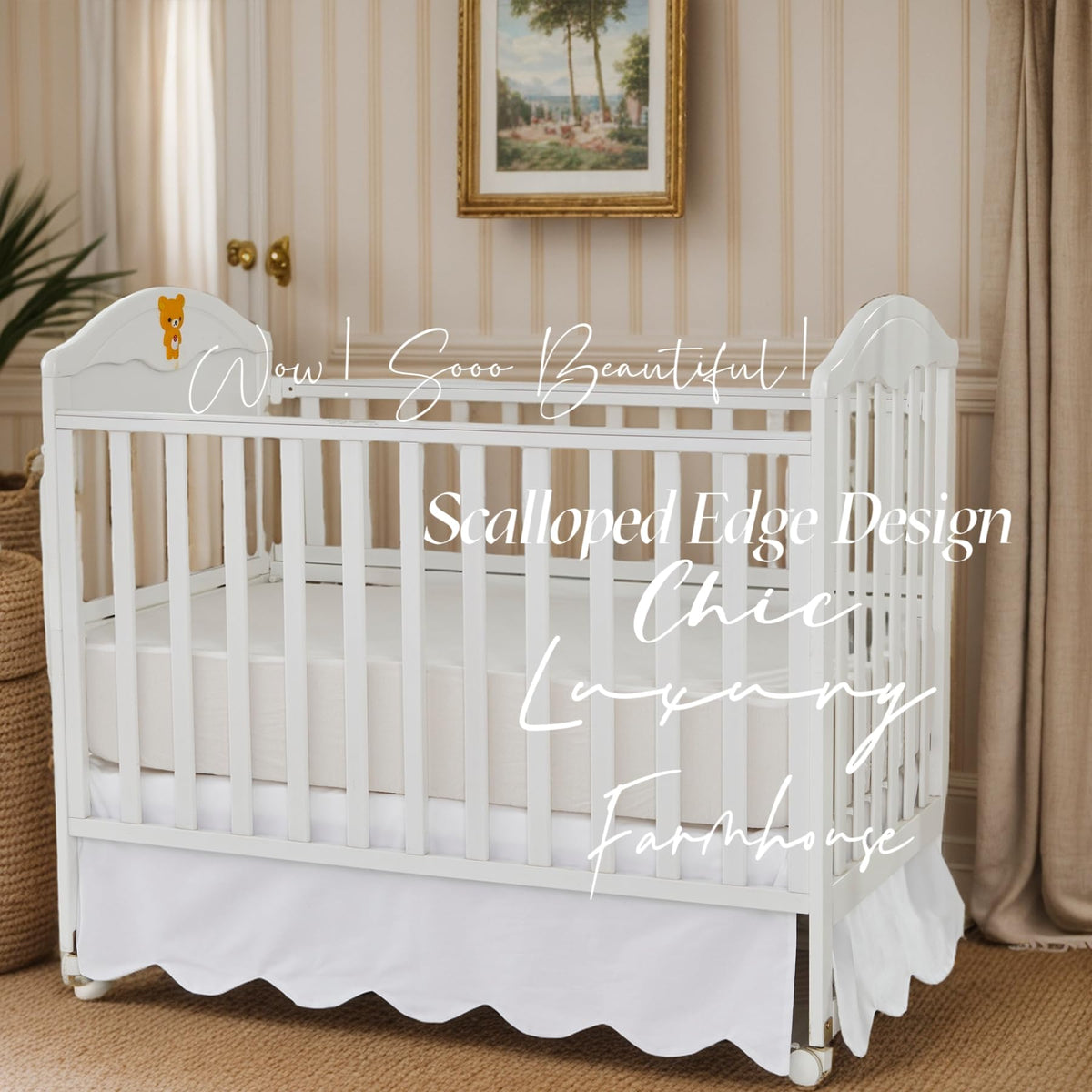 Scallop Edge Cotton Crib Skirt Toddler Bedskirt Baby Crib Bed Skirt for Girls, Boys, 4 Sided, Boho Neutral Solid
