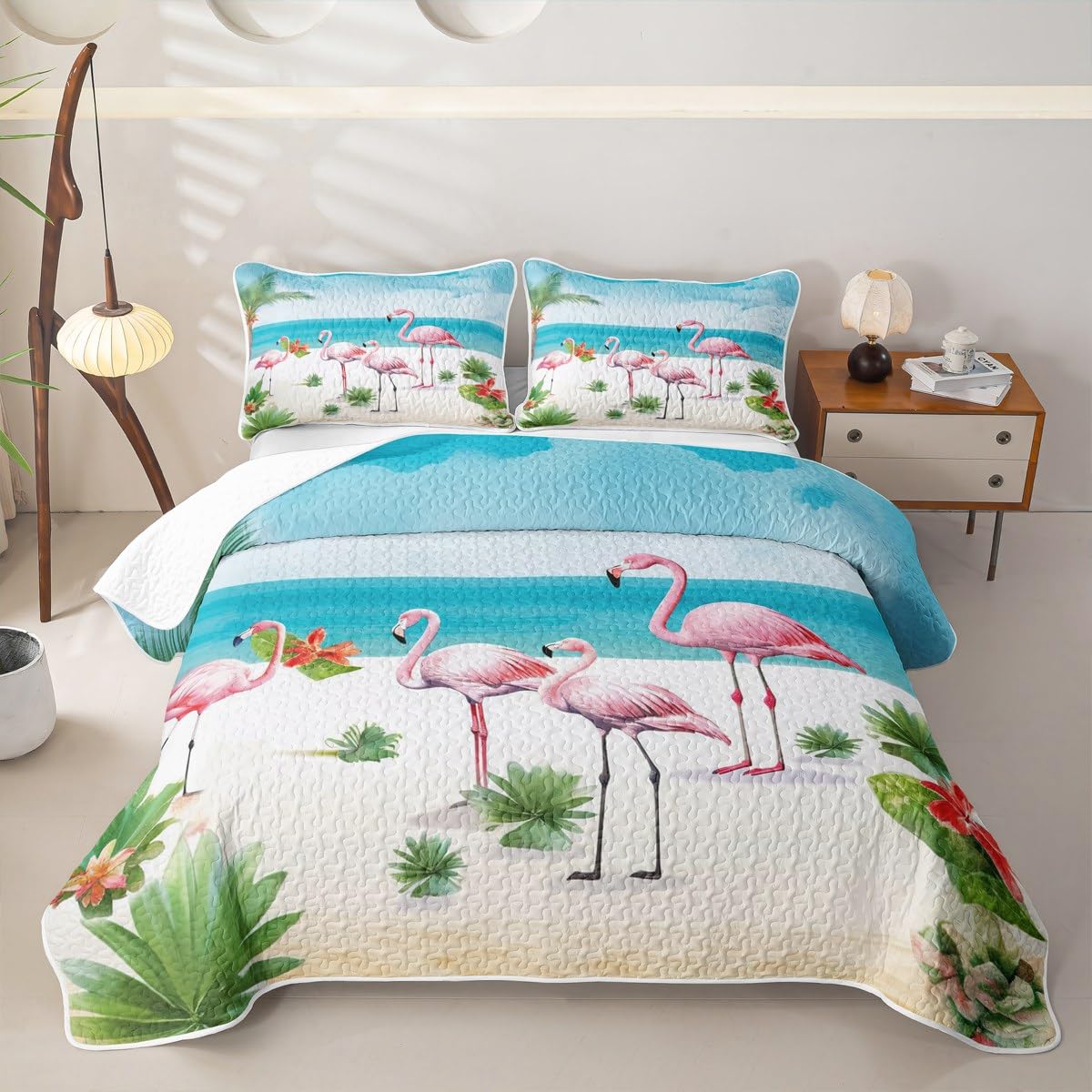 Pink Flamingo Quilt Set Hawaiian Ocean Beach Quilt Cactus
