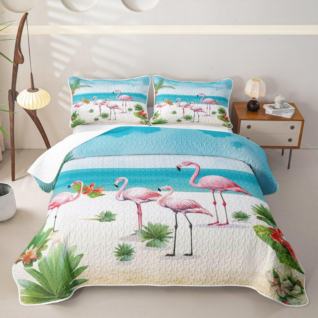 Pink Flamingo Quilt Set Hawaiian Ocean Beach Quilt Cactus