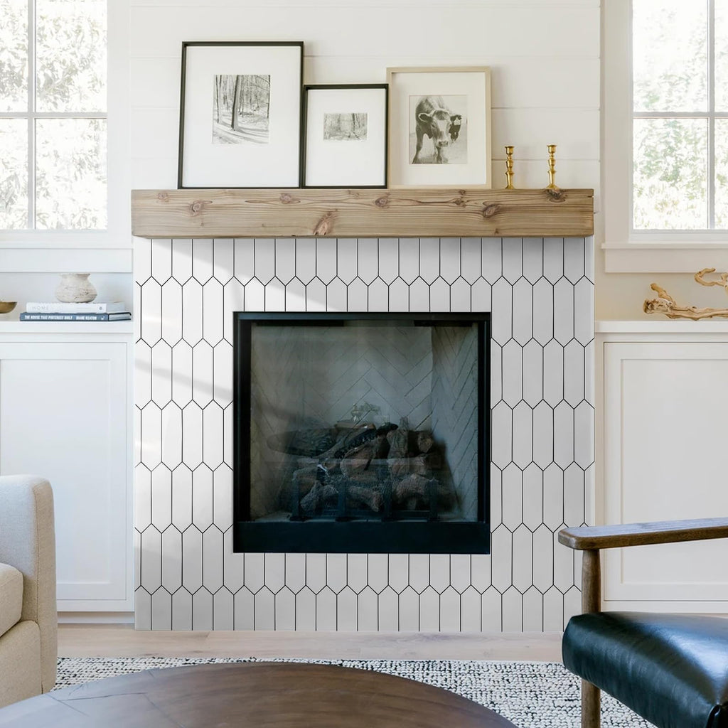 Glossy White Backsplash Tile Peel and Stick, 12.8 x 12.8 Inch 10 Sheets Long Hexagon PVC Self Adhesive Mosaic Wall